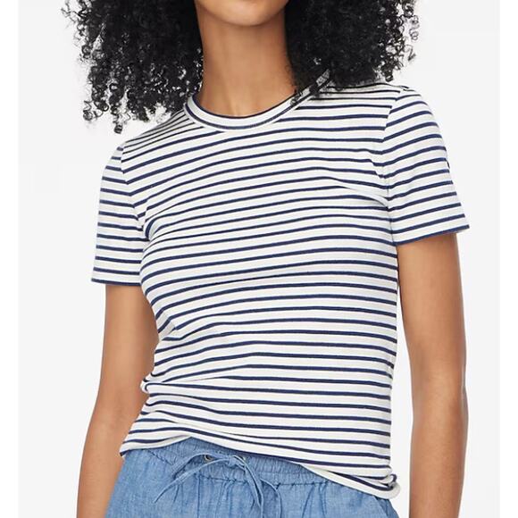 NWT J.Crew Striped Ribbed Crewneck Tee Navy Blue White Size XL Causal Basics - Picture 1 of 10